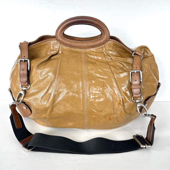 MARNI Balloon Dark Mustard Patented Leather w Brown Leather Top Handle Satchel - Picture 2 of 16